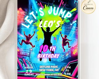 Trampoline Birthday Invite, Neon Glow Jump Party, Canva Template