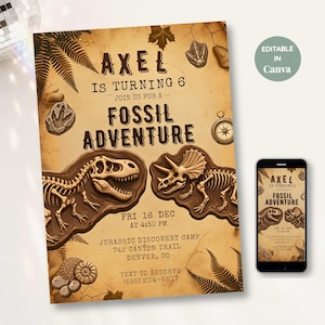 以下が含まれることがあります： 化石をテーマにしたベージュ色の誕生日招待状。「Axel is turning 6」と「Fossil Adventure」と書かれています。デザインには、恐竜の骨格、コンパス、シダの葉が含まれています。スマートフォンには招待状が表示されています。