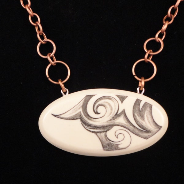 Tattoo pendant on Copper chain - unique scrimshaw style statement necklace