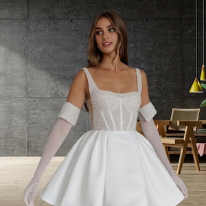 Custom White Satin Prom Dress – Pearl Spaghetti Straps, Gloves & Backless A-Line Gown
