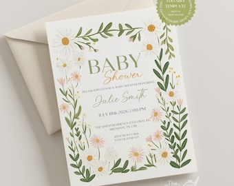 Daisy Baby Shower Invitation Template, Wildflower Floral Invite (Digital Download)