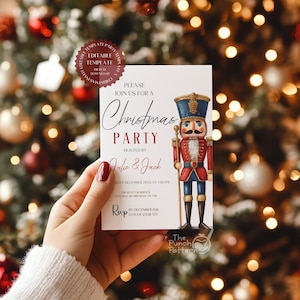 May include: A white Christmas party invitation card featuring a colorful nutcracker illustration. The text reads: Please join us for a Christmas party hosted by Julie & Jack, Saturday December 28th at 7:30 PM, The Scott Residence, 123 Floral Rd, Brenham, TX 77833, RSVP by December 15th to Julie 123 456 789.