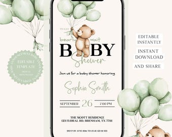 Teddy Bear Baby Shower Invitation Template, Green Balloon Baby Shower Invite, Neutral Digital Baby Shower Card, Editable Canva