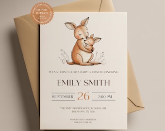May include: Baby shower invitation featuring a watercolor illustration of a mother kangaroo hugging her joey. The invitation is beige with brown text, including the name "Emily Smith" and event details. The invitation is placed on a brown envelope.