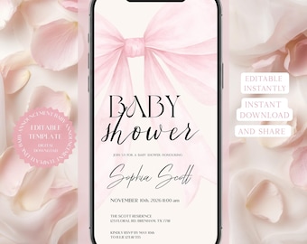 Blush Pink Bow Baby Shower Invitation Template Baby Girl Shower Canva Template Elegant Coquette
