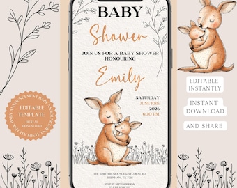 May include: A baby shower invitation on a smartphone screen featuring a watercolor illustration of a mother kangaroo and joey. The invitation includes the text "Baby Shower" and details for Emily's shower, with the words "Editable Instantly" and "Instant Download".