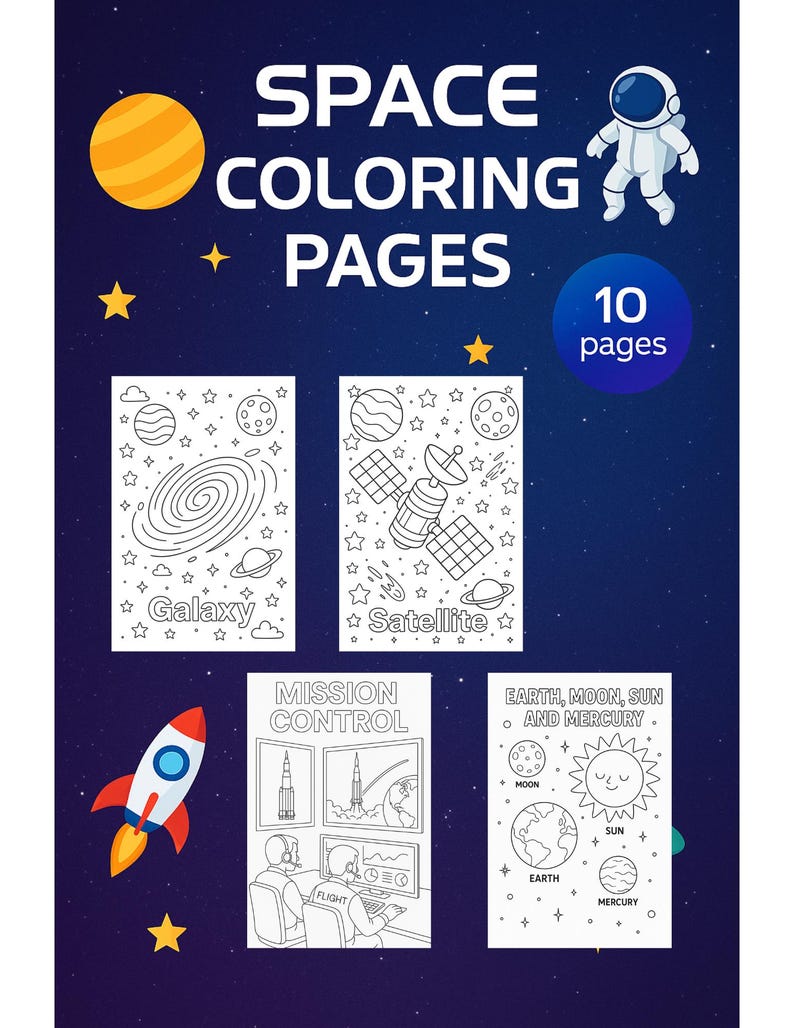 Printable Space Coloring Pages, Digital Downloads Only, Soace Coloring ...