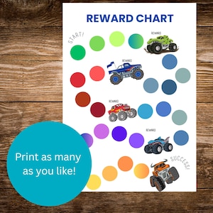 Puede incluir: Un gráfico de recompensas colorido con el texto "REWARD CHART" en la parte superior. El gráfico presenta una serie de círculos de varios colores, con ilustraciones de monster trucks y el texto "REWARD" y "SUCCESS!" También se incluye el texto "Print as many as you like!"