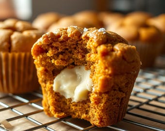 May include: A close-up of a golden-brown muffin, cut in half to reveal a creamy white filling. The muffin is on a metal cooling rack, with other muffins blurred in the background. Sprinkles of salt are visible on top.
