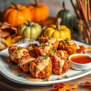 Può includere: Un piatto di pezzi di pollo fritto ricoperti da una salsa cremosa, semi di sesamo e cipolline tritate. Una piccola ciotola di salsa rossa è accanto al pollo. Zucca e foglie autunnali sullo sfondo.