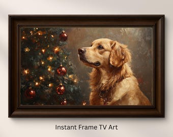 May include: A framed painting of a Golden Retriever dog gazing at a Christmas tree adorned with red ornaments and twinkling lights. The artwork has a warm, vintage aesthetic, with the text "Instant Frame TV Art" at the bottom.
