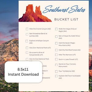 Southwest States Bucket List Printable –  Travel Checklist | Southwest States Road Trip Planner PDF | USA Travel Itinerary Template