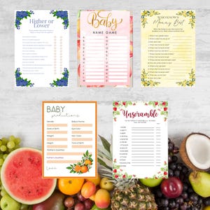 Fruit-Themed Baby Shower Games Bundle - 5 Printable Activities | Strawberry, Lemon, Blueberry, Apple & Orange Designs