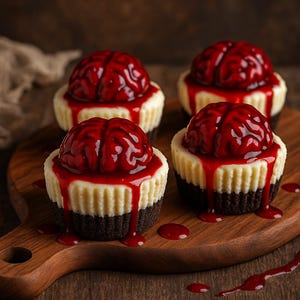 Könnte beinhalten: Vier Mini-Käsekuchen mit dunklem Schokoladenkeksboden, cremiger weißer Füllung und rotem, gehirnförmigem Belag. Die Käsekuchen sind auf einem Holzschneidebrett angeordnet, wobei rote Sauce an den Seiten heruntertropft.