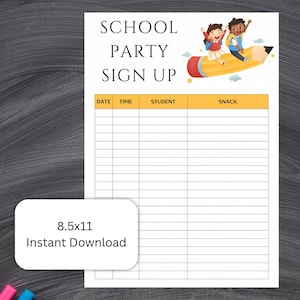 Printable School Party Sign-Up Sheet |  Snack Sign-Up Form | Classroom Party Planner PDF |