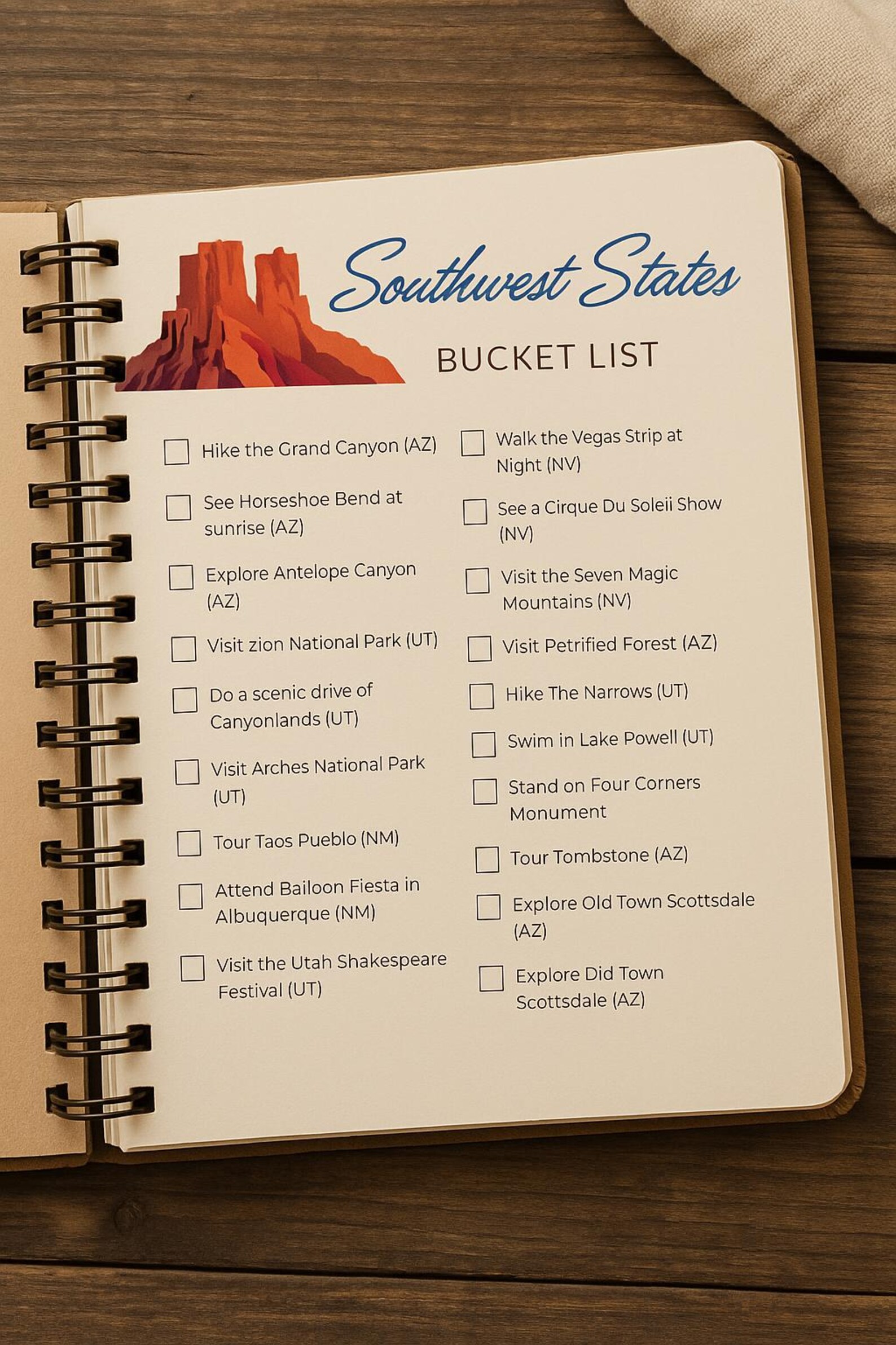Southwest States Bucket List: Road Trip Planner PDF (printable Travel ...