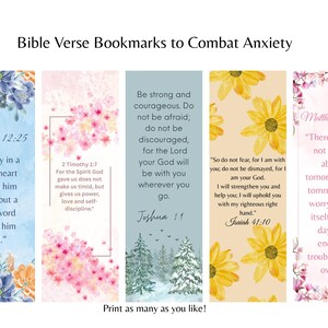 May include: Bookmarks with Bible verses to combat anxiety. Each bookmark features a different verse with floral and nature-themed designs. Verses include Proverbs 12:25, 2 Timothy 1:7, Joshua 1:9, Isaiah 41:10, and Matthew 6:34.