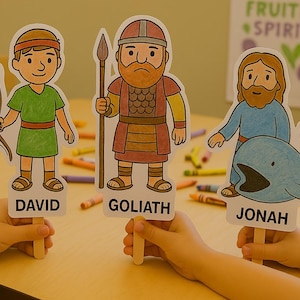 12 Bible Character Puppets Printable | Sunday School Craft for Kids | Christian Coloring Activity | Bible Story Cutouts | Preschool Religiou