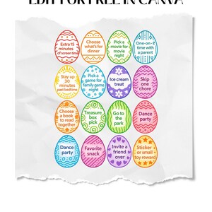 Könnte beinhalten: Ein druckbarer Oster-Eier-Chart mit 12 bunten Eiern, jedes mit einer anderen Aktivität oder Belohnung. Die Aktivitäten beinhalten zusätzliche Bildschirmzeit, die Wahl des Abendessens, die Auswahl eines Films, Zeit zu zweit mit einem Elternteil, Eiscreme, das Auslassen einer Aufgabe, das Lesen eines Buches, die Auswahl eines Schatzes, einen Ausflug in den Park, Tanzen, einen Lieblingssnack und das Einladen eines Freundes.