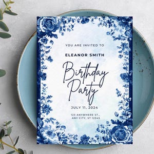 Blue Chinoiserie Birthday Invitation Template | Birthday Elegant Invite | Editable in Canva | Blue French Toile | Grandmillenial