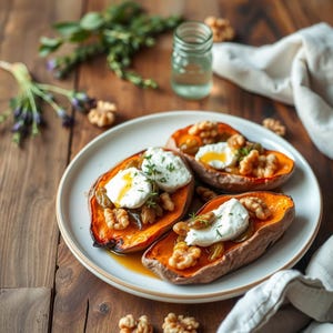Recette de patates douces farcies aux échalotes caramélisées et au fromage de chèvre, accompagnement des Fêtes à imprimer | Téléchargement instantané PDF | Idée de dîner végétarien