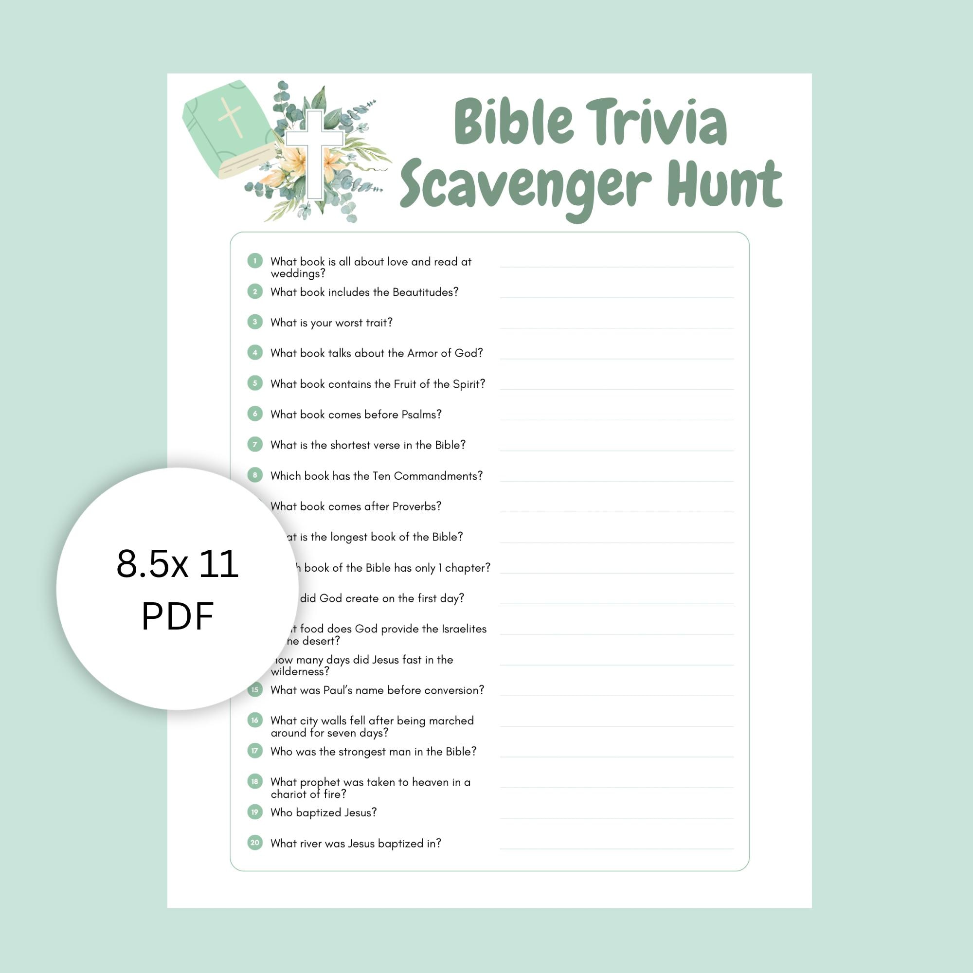 Bible Trivia Scavenger Hunt Game: Printable Sunday School Activity (PDF ...