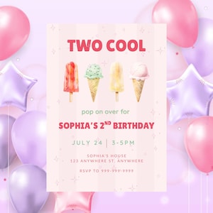 Two Cool Popsicle Invitation, Ice Cream Birthday Invitation, 2 Year Old Birthday Invite, Summer Popsicle Birthday Invitation Girl
