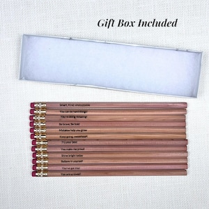Gift Under 20 Engraved Affirmation Pencil Set for Kids Custom Positive Sayings Set of 12 Pencils in Gift Box Back to School Gift for Teacher