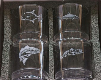 personalized glasses set of 4 bourbon glasses engraved fish barware gift for him whiskey glass home bar decor nautical birthday gift idea