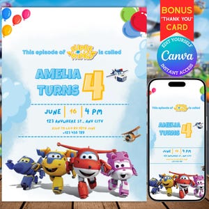 Avis à tous les petits pilotes ! Faire-part d'anniversaire pour enfants modifiable Super Wings - téléchargement numérique, invitation de fête personnalisée, modèle de toile