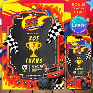 Starte deine Lokomotiven! Blaze und Monster bearbeitbare Kindergeburtstagseinladung - Digitaler Download, personalisierte Party einladen, Canva-Vorlage
