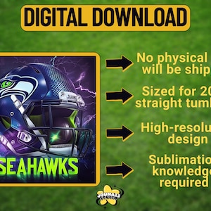 Może przedstawiać: Cyfrowy pobranie projektu sublimacji przedstawiającego kask futbolowy Seattle Seahawks z błyskawicami i nazwą drużyny "SEAHAWKS" w zielonym tekście. Projekt jest dostosowany do prostych kubk&oacute;w o pojemności 20 uncji.