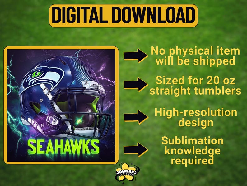 Może przedstawiać: Cyfrowy pobranie projektu sublimacji przedstawiającego kask futbolowy Seattle Seahawks z błyskawicami i nazwą drużyny "SEAHAWKS" w zielonym tekście. Projekt jest dostosowany do prostych kubk&oacute;w o pojemności 20 uncji.