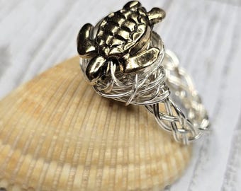 Braided Silver Sea Turtle Ring: Coastal Wire Wrapped Jewelry