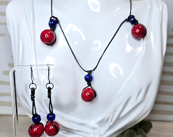 Red and Blue Bead Jewelry Set – Leather Cord Necklace and Handmade Earrings