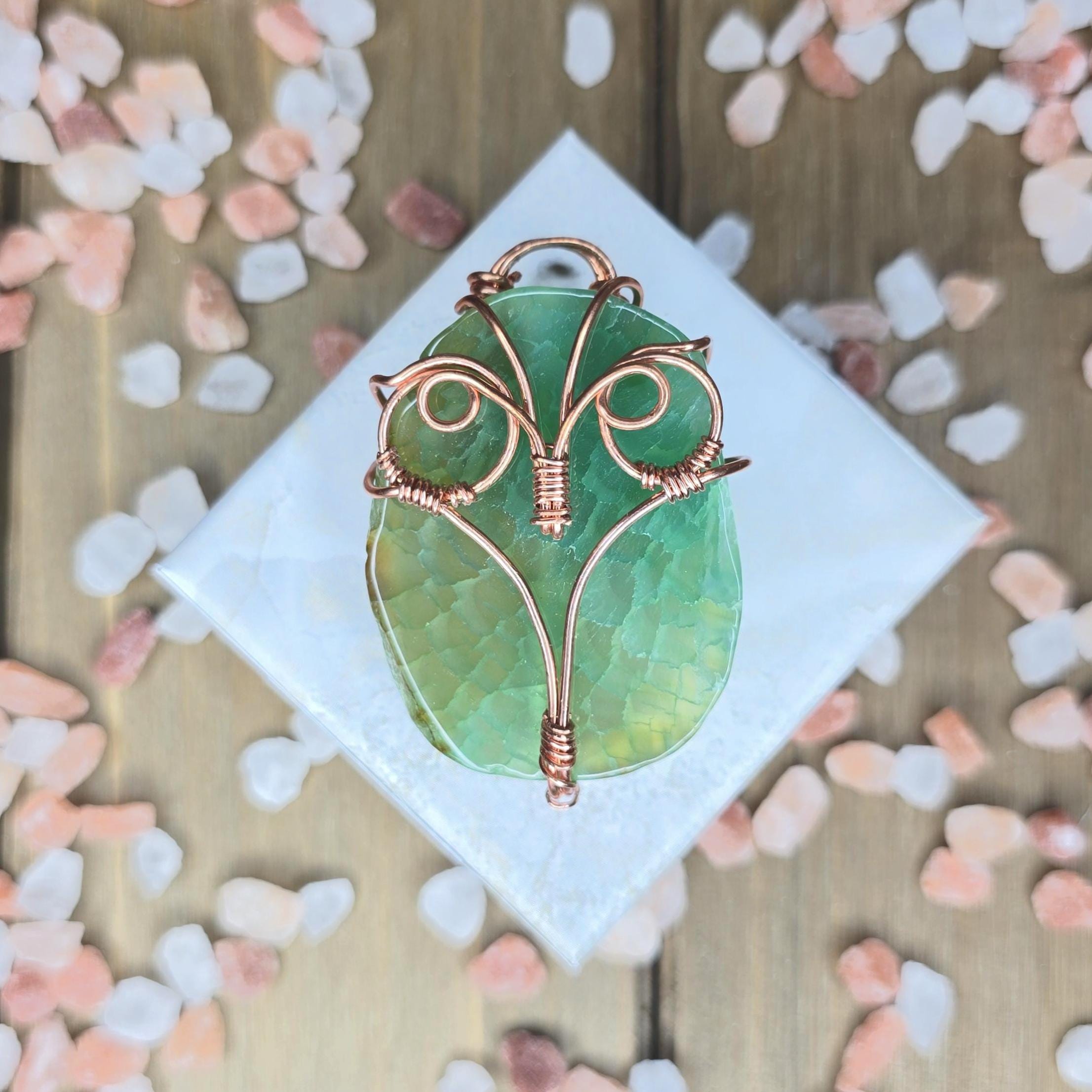 Wire Wrapped Owl Pendant: Natural Agate Gemstone, Green Boho Jewelry