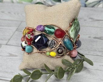 Mosaic Copper Cuff – Wire Wrapped Bracelet - Colorful Mixed Beads