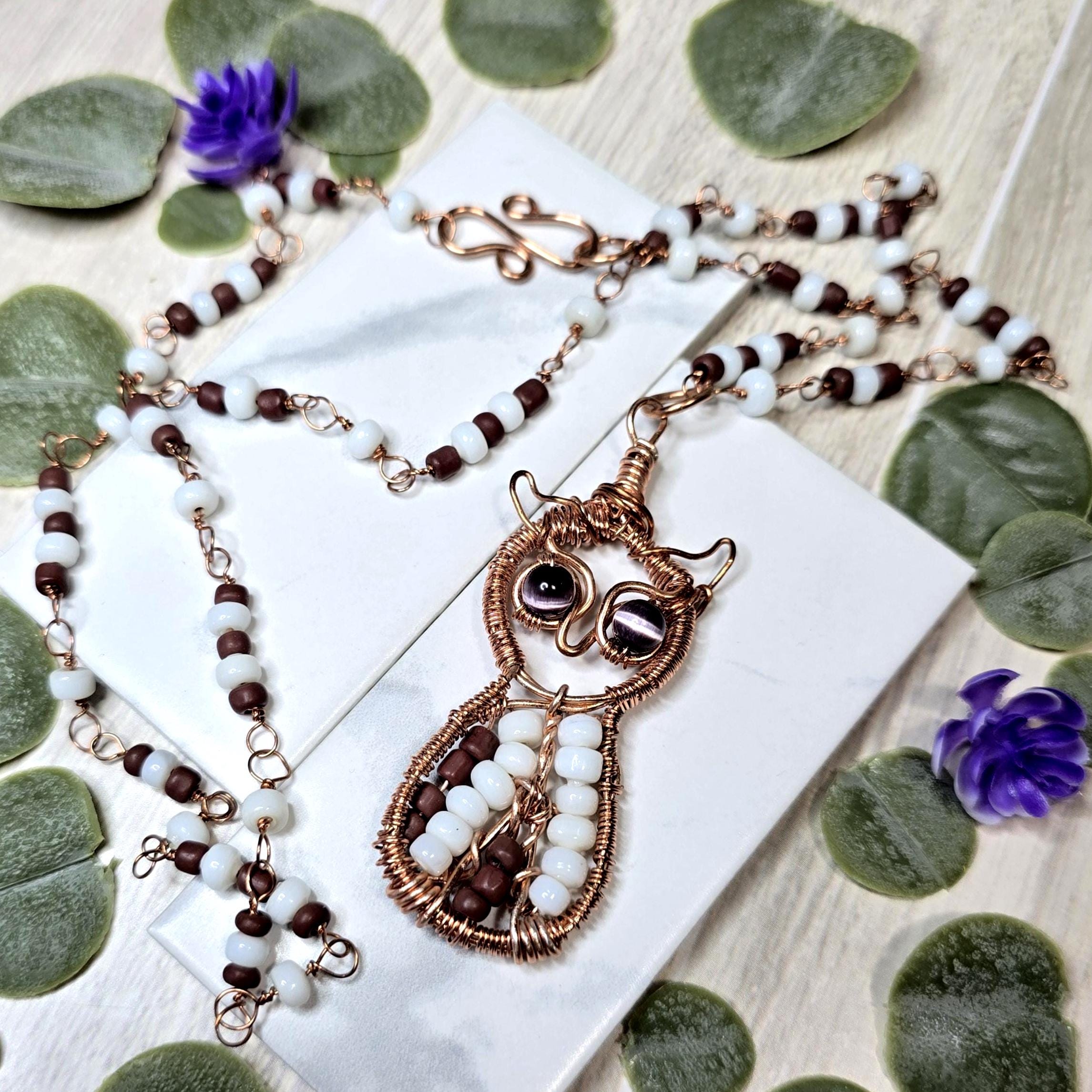 Wire Wrapped Owl Pendant &ndash; Copper Rosary Chain & Cat Eye Beads