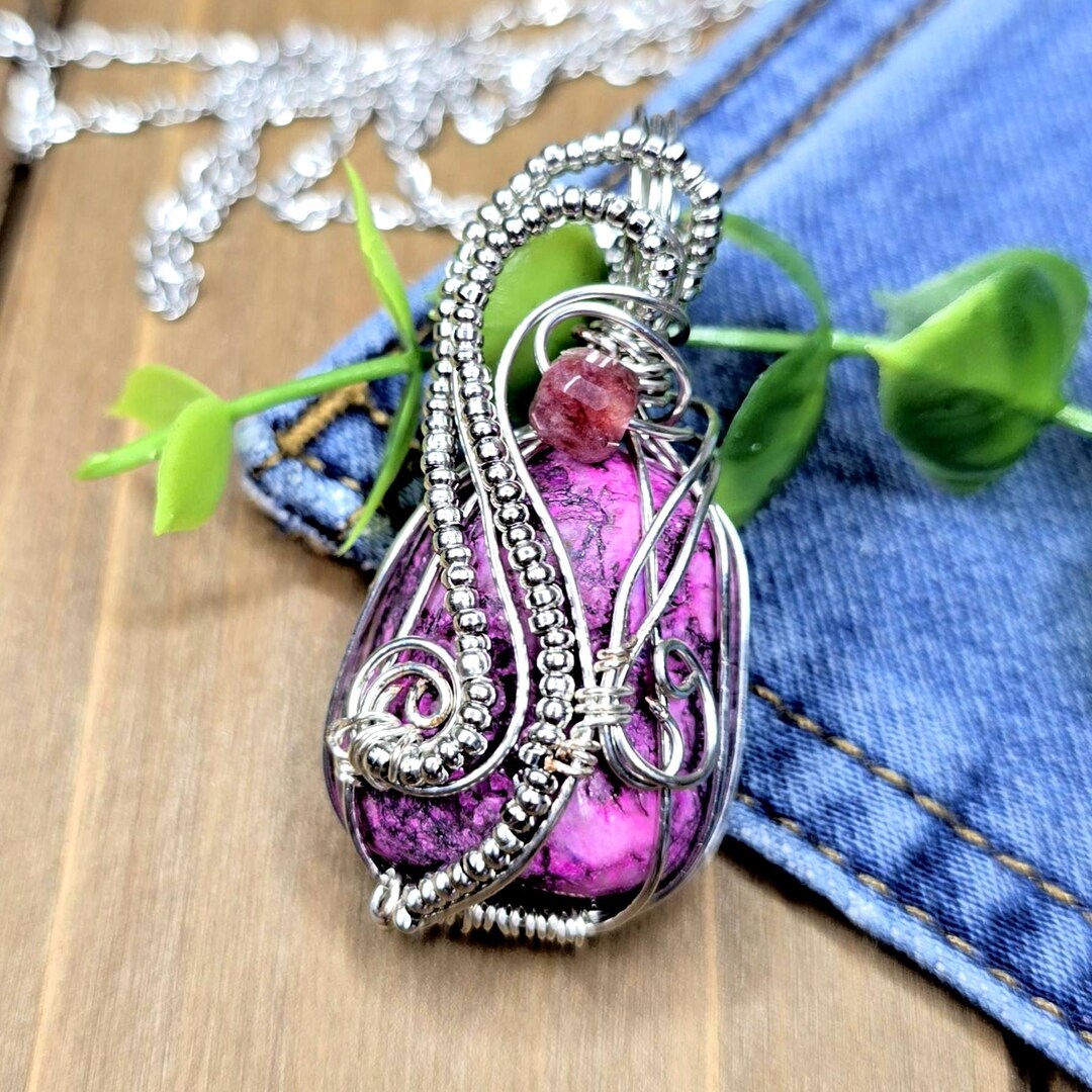Pink Howlite Pendant Necklace: Silver Wire Wrapped, Tourmaline Accent ...