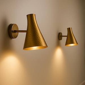Hammered Brass Wall Sconce, Mid Century Modern Golden Wall Light, Conical Sconce, Indoor Outdoor Lighting Fixture, Copper Artisan Wall Lamp