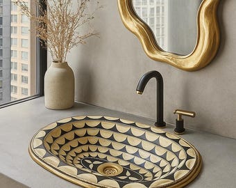 Black and Brass Inlay Drop In Bathroom Vanity Bowl, Luxury Resin Bone Oval Wash Basin, Handmade Modern Geometric Countertop Sink