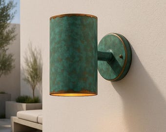 Outdoor Copper Verdigris Patina Wall Sconce – Handcrafted Cylinder Green Patina Copper Light, Rustic Waterproof Exterior Wall Fixture