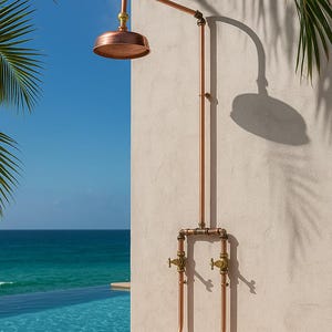Outdoor Copper Shower – Handmade Wall Mount Garden Patio Poolside Shower | Rustic Solid Brass Valves for Backyard & Beach House