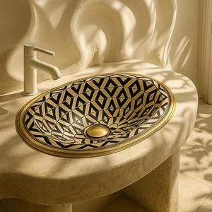 Handmade Brass Inlay Bathroom Sink, Copper Vessel Sink with Bone & Resin Flower Pattern, Oval Drop-In Vanity Basin, boho bathroom sink