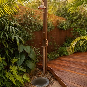 Puede incluir: Ducha exterior con acabado cobrizo, con un cabezal de ducha redondo y un asa decorativa. La ducha se encuentra sobre un fondo de exuberante vegetación, una terraza de madera y una valla de madera. El cabezal de la ducha tiene unos 25 cm de diámetro.
