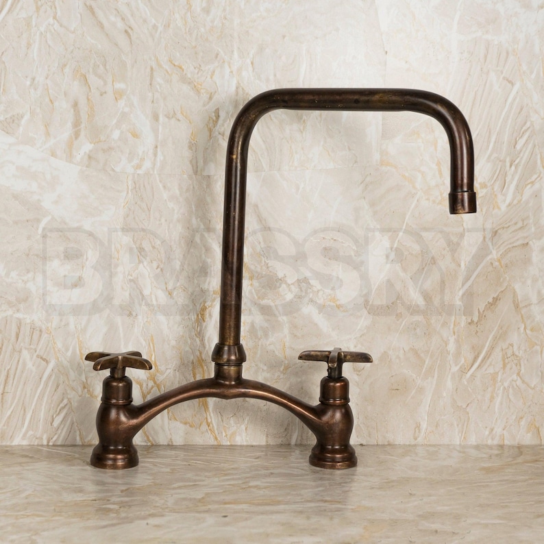 Moroccan Copper Kitchen Faucet – Handmade Unlacquered Solid Brass or Copper Bridge Tap – Gooseneck or Square Spout for Sink and bar vessel image 3