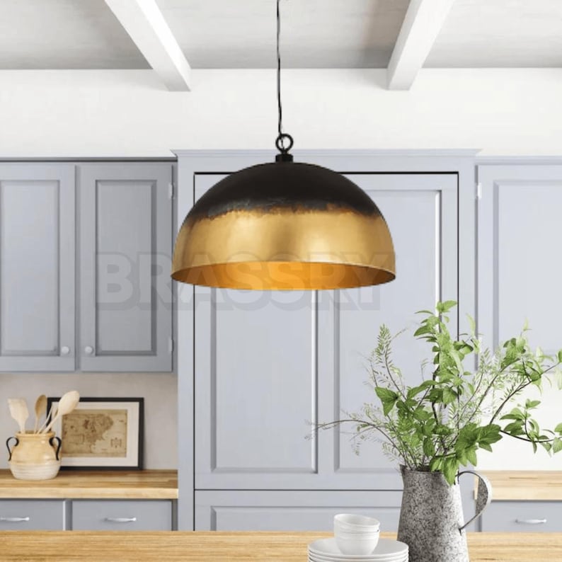Rusted Moroccan Hammered Metal Copper Pendant Light – Dome Ceiling Lamp for Kitchen Island, Oxidized Copper Farmhouse Light image 1