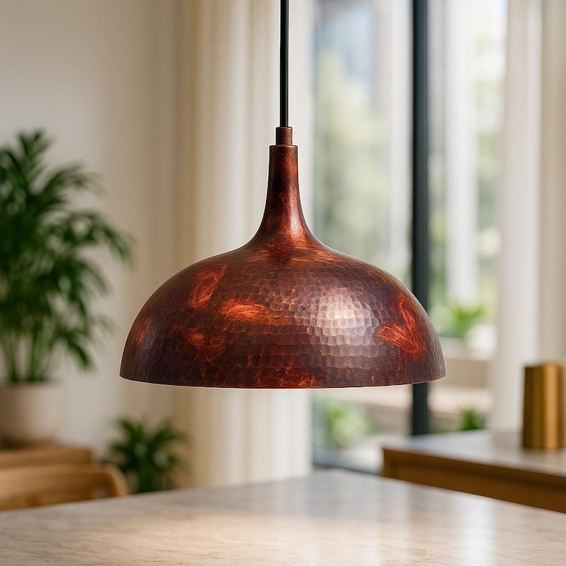 Handcrafted Hammered Copper Pendant Light – Moroccan Rustic Patina Dome Lamp, Industrial Ceiling Fixture for Kitchen Island or Dining Room