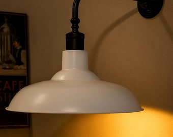 Handmade White Enamel Wall Sconce, Farmhouse Barn Light Fixture, Industrial Gooseneck Outdoor Porch Lamp, Rustic Kitchen Wall Lighting