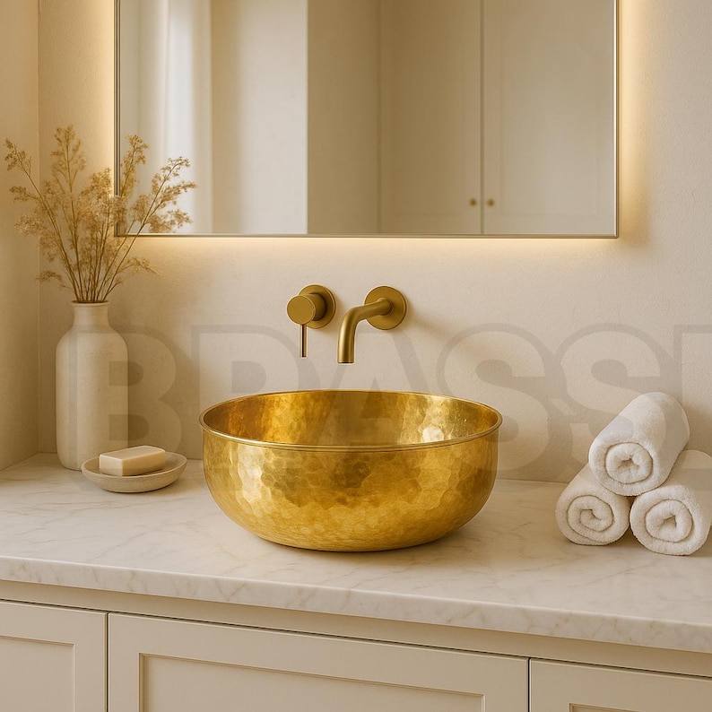 Engraved Moroccan Round Brass Sink Bowl – Hammered Farmhouse Bathroom Sink Set – Artisan Round Hammered Gold Bathroom Basin image 1